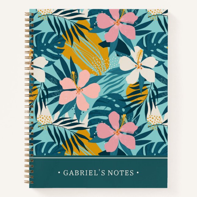 Tropical Hibiscus Floral Pattern | Add Your Name Notebook (Front)