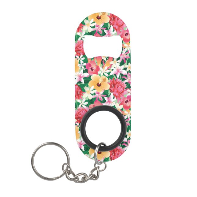 Tropical Hibiscus Floral Pattern Keychain Bottle Opener (Front)