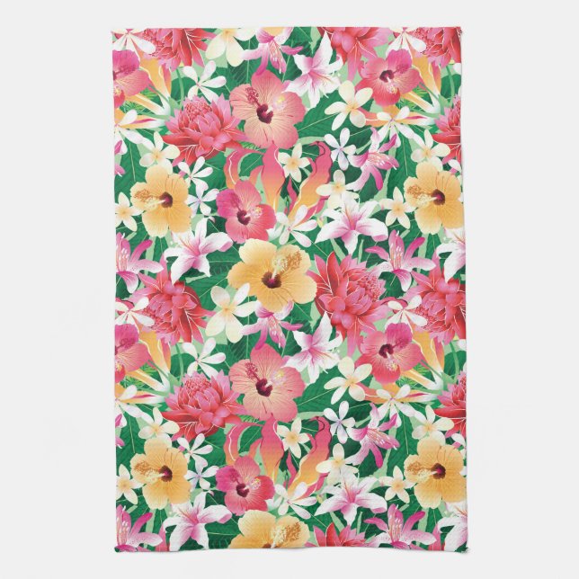 Tropical Hibiscus Floral Pattern Kitchen Towel (Vertical)