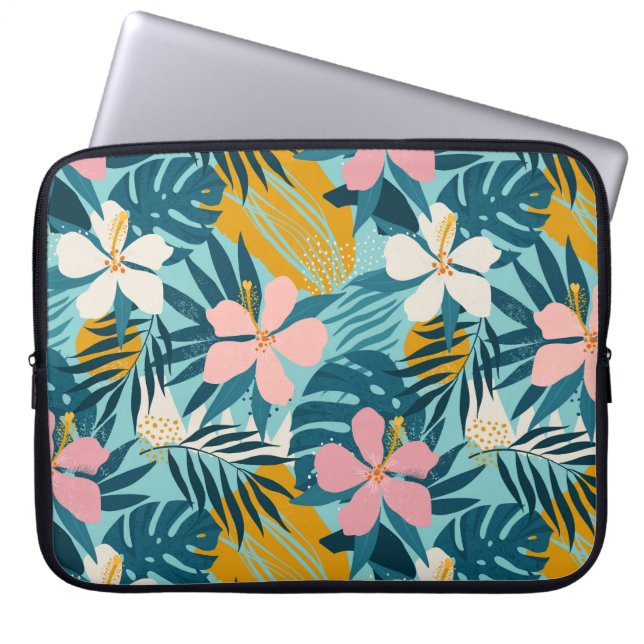Tropical Hibiscus Floral Pattern Laptop Sleeve (Front)