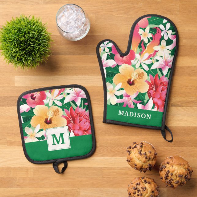 Tropical Hibiscus Floral Pattern Oven Mitt & Pot Holder Set (Top Down)