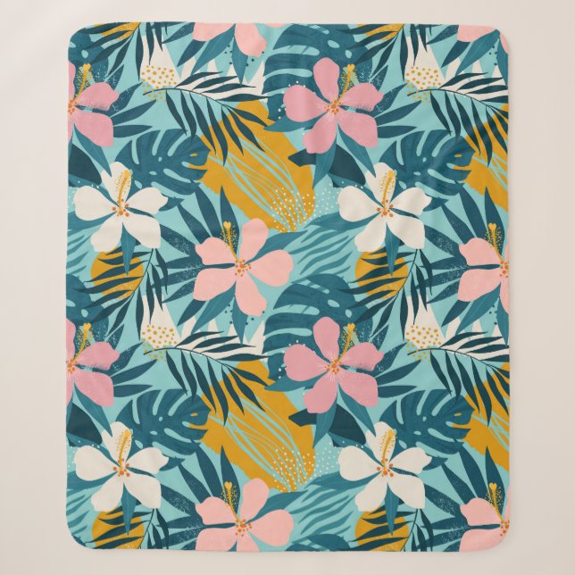 Tropical Hibiscus Floral Pattern Sherpa Blanket (Front)