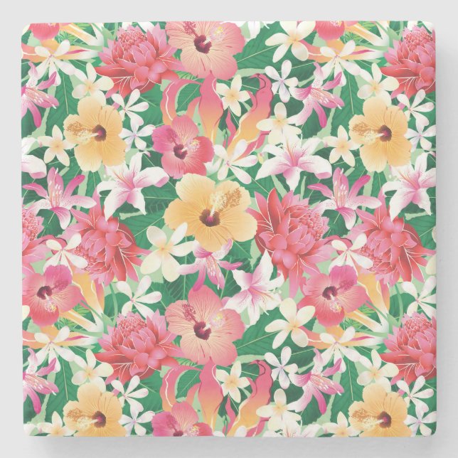 Tropical Hibiscus Floral Pattern Stone Coaster (Front)