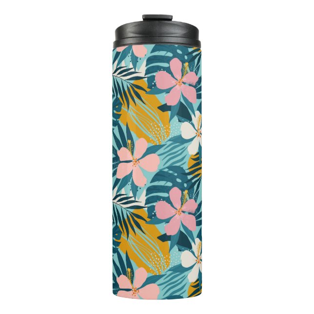 Tropical Hibiscus Floral Pattern Thermal Tumbler (Front)
