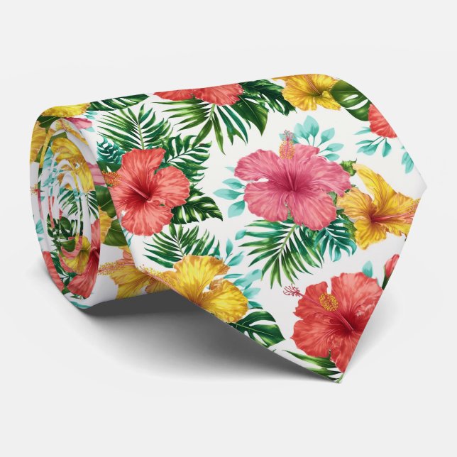 Tropical Hibiscus Floral Pattern Tie (Rolled)