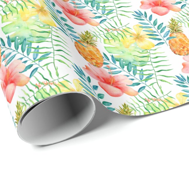 Tropical Hibiscus Floral Pineapples Wrapping Paper (Roll Corner)