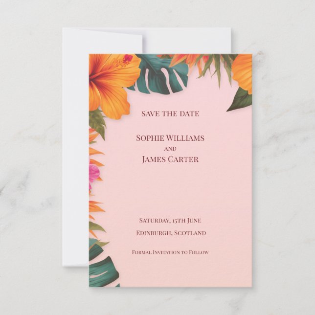 Tropical Hibiscus Floral Pink Destination Wedding Save The Date (Front)