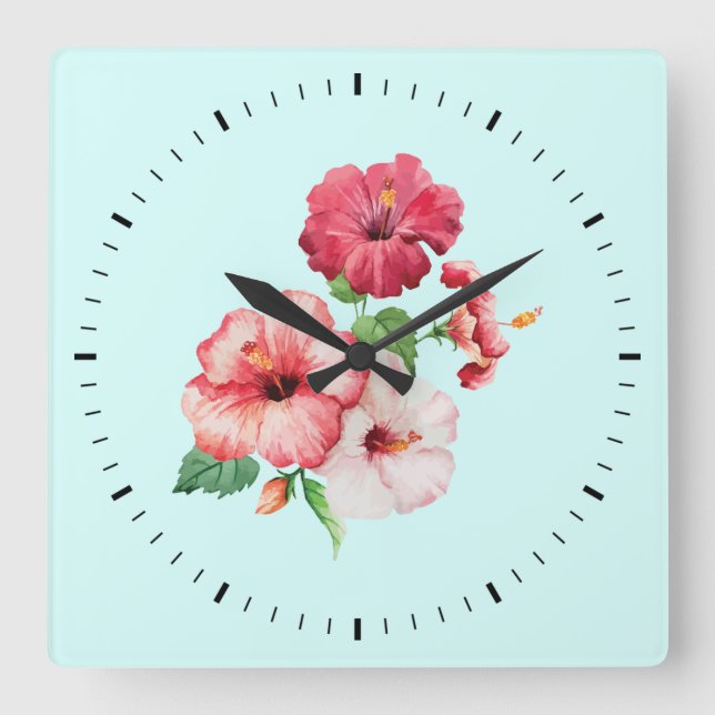 Tropical hibiscus floral square wall clock (Front)