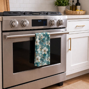Tropical Hibiscus Floral Teal Kitchen Towel