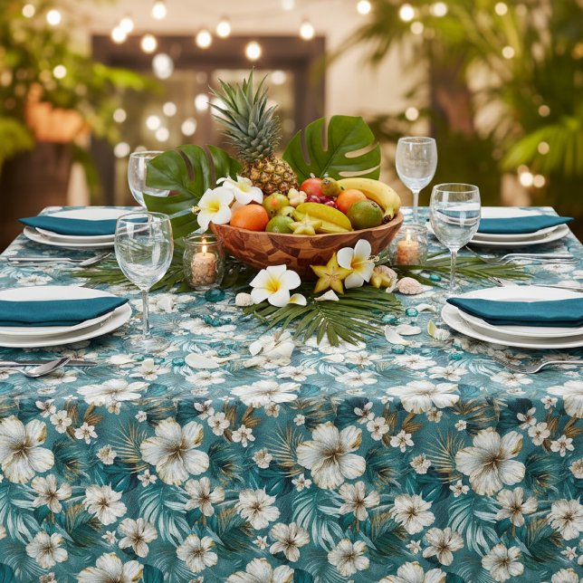 Tropical Hibiscus Floral Teal Tablecloth (Creator Uploaded)