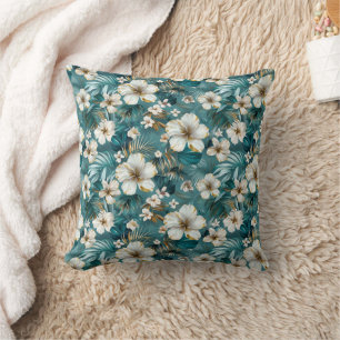 Tropical Hibiscus Floral Teal Throw Pillow