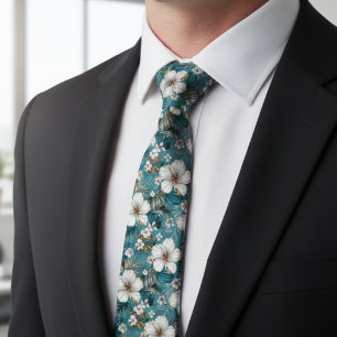 Tropical Hibiscus Floral Teal Tie
