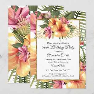 Tropical Hibiscus Floral Yellow Pink Gold Birthday Invitation