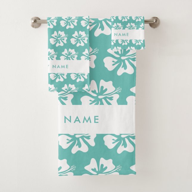 Tropical Hibiscus flower Hawaii floral print teal Bath Towel Set (Insitu)