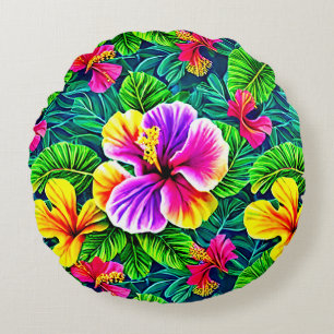 Tropical Hibiscus Flower Jungle Leaf   Round Pillow