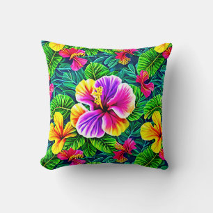 Tropical Hibiscus Flower Jungle Leaf  Throw Pillow