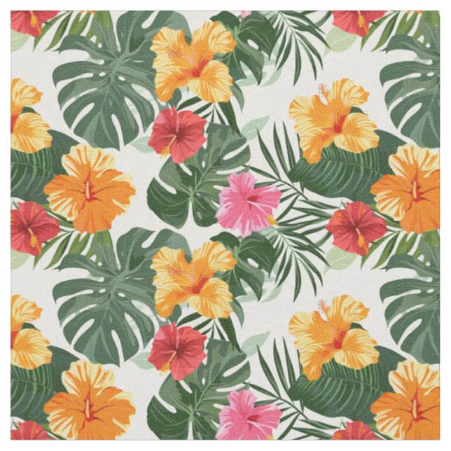 Tropical Hibiscus Flower Pattern Fabric (Close Up)