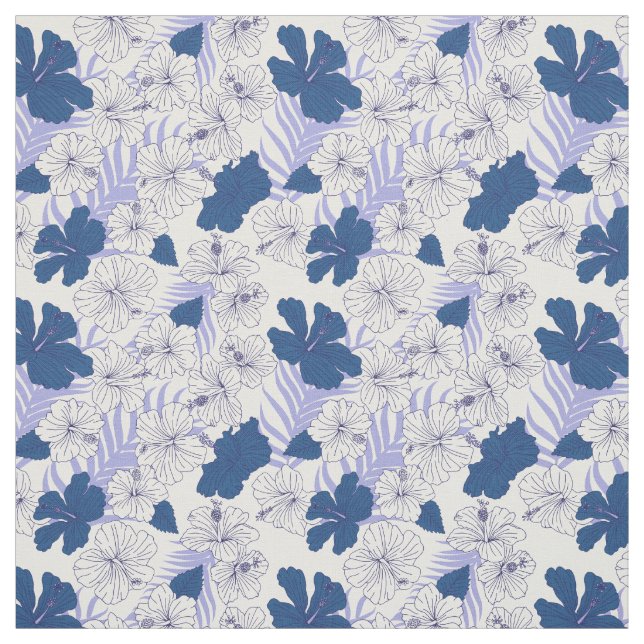 Tropical Hibiscus Flower Pattern in Blue and White Fabric (Swatch)