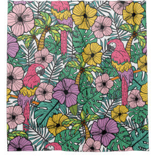 Tropical hibiscus flower with palm, parrots and ex