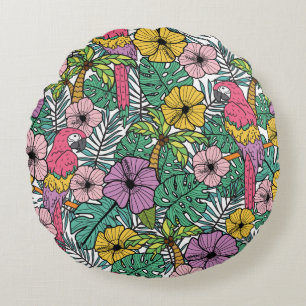 Tropical hibiscus flower with palm, parrots and ex round pillow