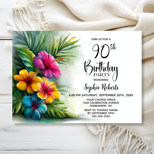 Tropical Hibiscus Flowers 90th Birthday Party Invitation (Creator Uploaded)