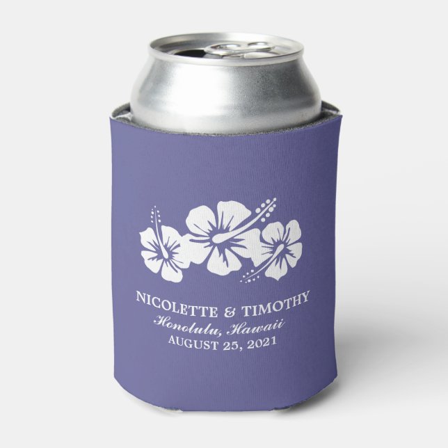 Tropical Hibiscus Flowers |  Dark Lavender Wedding Can Cooler (Can Front)