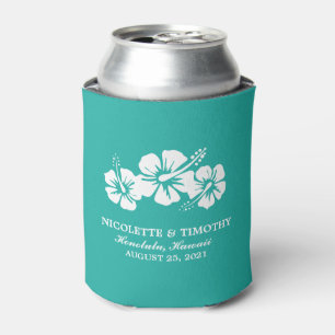Tropical Hibiscus Flowers Dark Teal Wedding Can Cooler