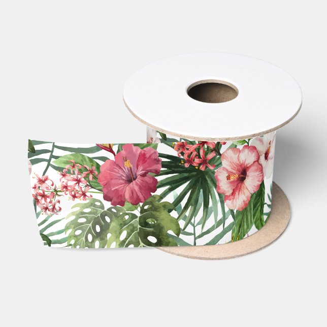 Tropical hibiscus flowers foliage pattern satin ribbon (Spool)