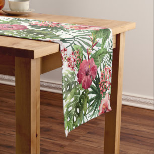 Tropical hibiscus flowers foliage pattern short table runner