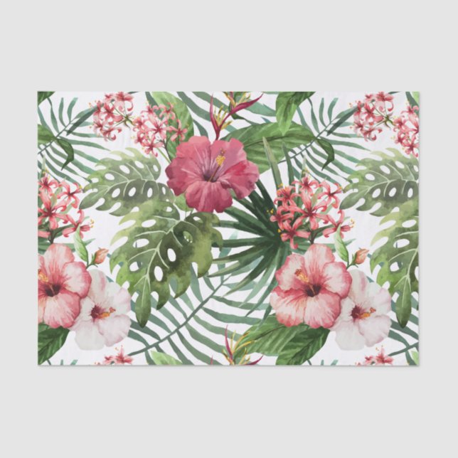 Tropical hibiscus flowers leaves foliage pattern tissue paper (Front)