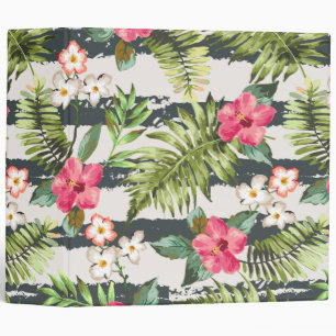 Tropical Hibiscus Flowers Leaves Stripes Pattern Binder