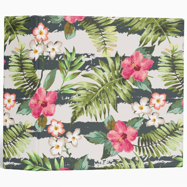 Tropical Hibiscus Flowers Leaves Stripes Pattern Binder (Front/Spine)