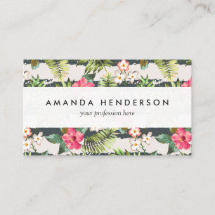 Tropical Hibiscus Flowers Leaves Stripes Pattern Business Card
