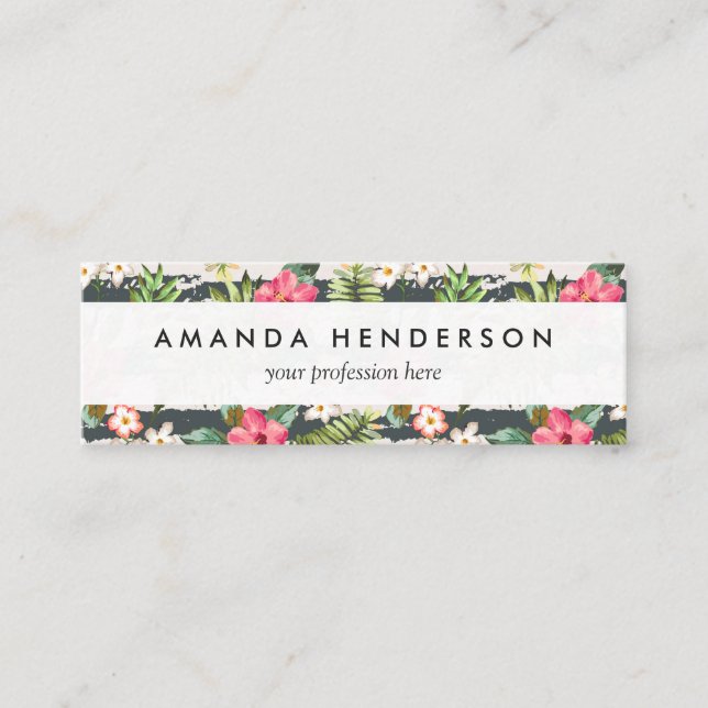 Tropical Hibiscus Flowers Leaves Stripes Pattern Mini Business Card (Front)