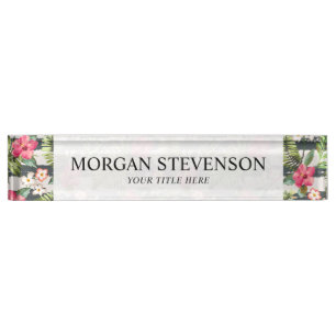 Tropical Hibiscus Flowers Leaves Stripes Pattern Nameplate