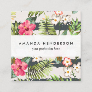 Tropical Hibiscus Flowers Leaves Stripes Pattern Square Business Card