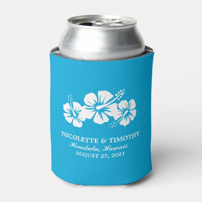 Tropical Hibiscus Flowers | Ocean Blue Wedding Can Cooler (Can Front)