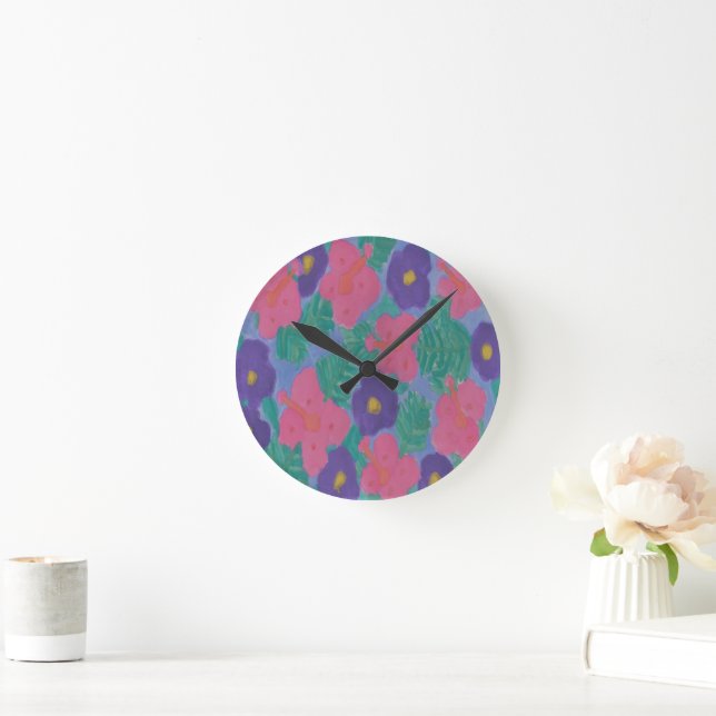 Tropical Hibiscus Flowers Round Clock (Home)