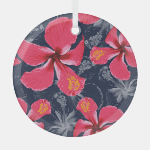 Tropical Hibiscus Flowers Summer Design Glass Ornament