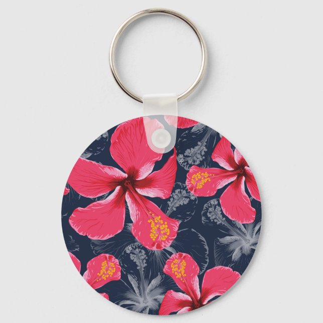 Tropical Hibiscus Flowers Summer Design Keychain (Front)