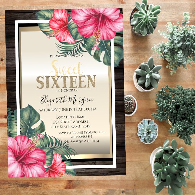 Tropical Hibiscus Frame Wood Sweet 16 Invitation (Creator Uploaded)