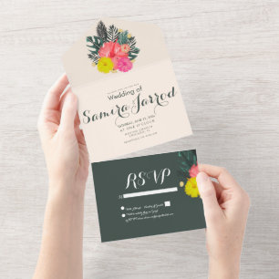 Tropical Hibiscus Hand Drawn Summer Wedding All In One Invitation