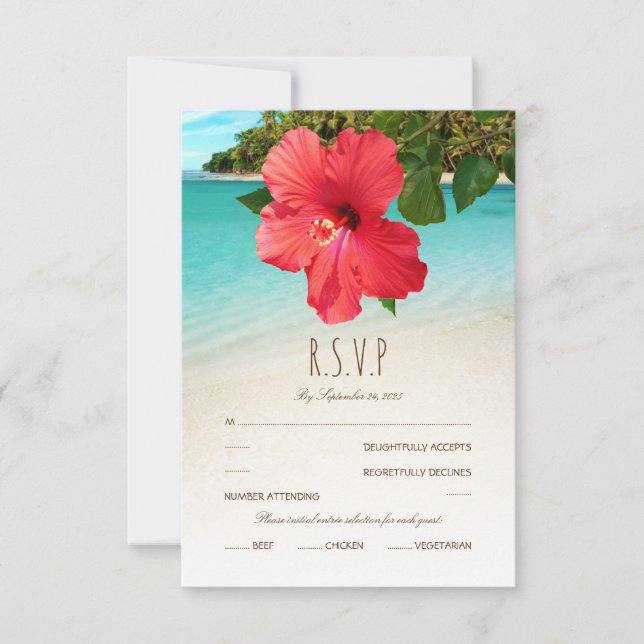 Tropical Hibiscus Hawaiian Beach Themed Wedding RSVP Card (Front)