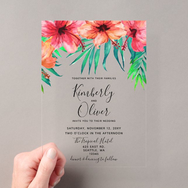 Tropical Hibiscus Hawaiian Beach Wedding Acrylic Invitations (Insitu (Handheld))