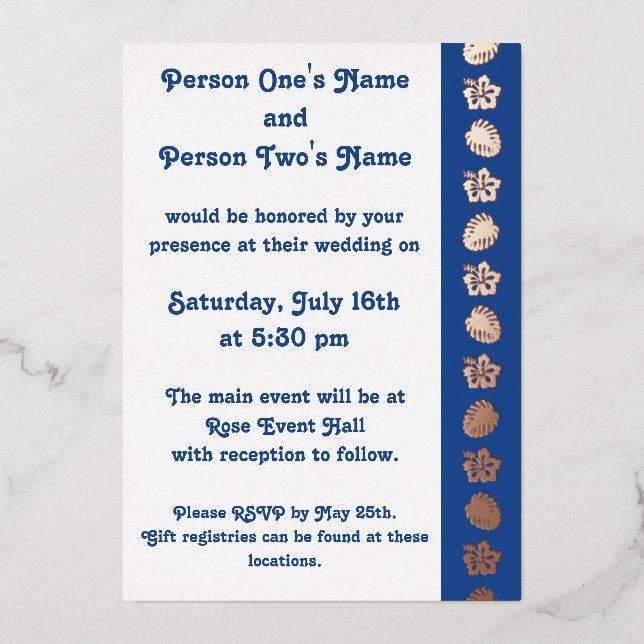 Tropical Hibiscus in Blue Foil Invitation (Front)