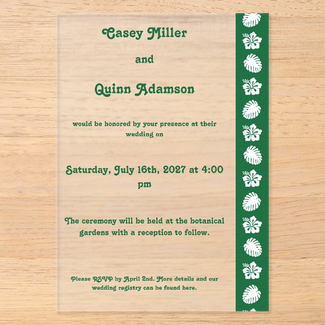 Tropical Hibiscus in Green Acrylic Wedding  Invitations (Front)