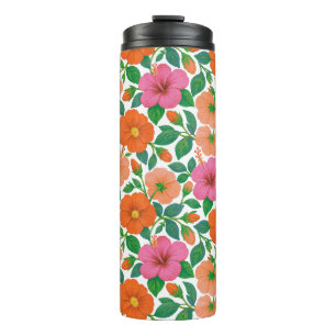 Tropical Hibiscus in Pink, Peach and Orange Thermal Tumbler