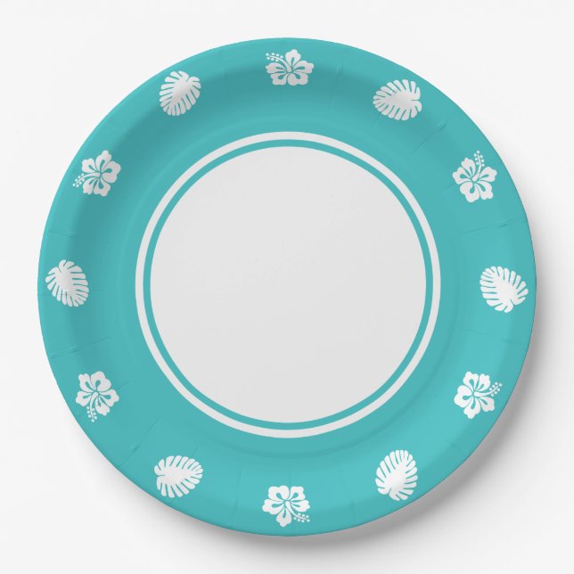Tropical Hibiscus in Turquoise Paper Plate (Front)