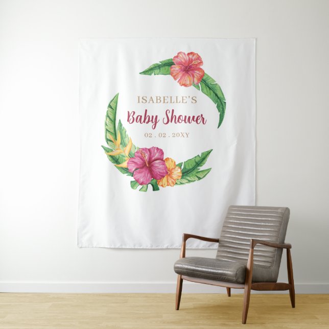 Tropical Hibiscus Luau Baby Shower Backdrop Tapestry (In Situ)