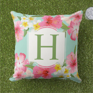 Tropical Hibiscus Monogram Aqua Floral Outdoor Pillow